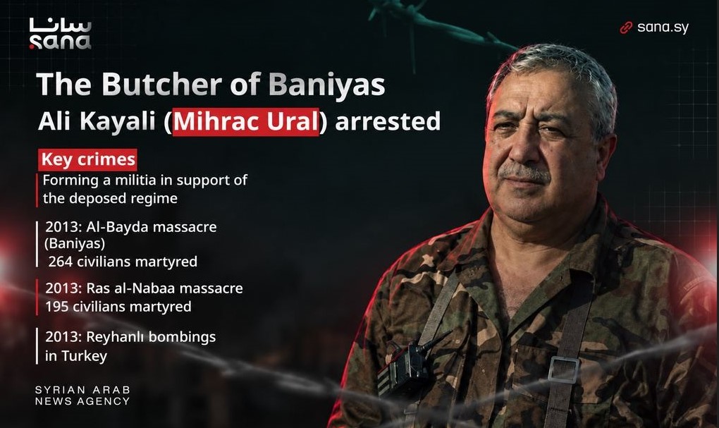 SANA graphic featuring Ali Kayali, also known as Mihraç Ural, with text announcing his arrest.